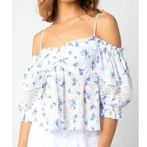 Olivaceous Positano Floral Cold Shoulder Smocked Babydoll Top White Blue Large